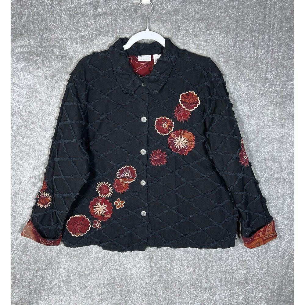 Fashion Bug Button Up Jacket Womens Size 22/24 Black‎ Floral Embroidery Canvas
